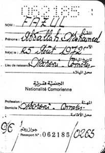 A photocopy of Fazul Abdullah Mohammed’s Comoros passport in Sudan’s intelligence files.